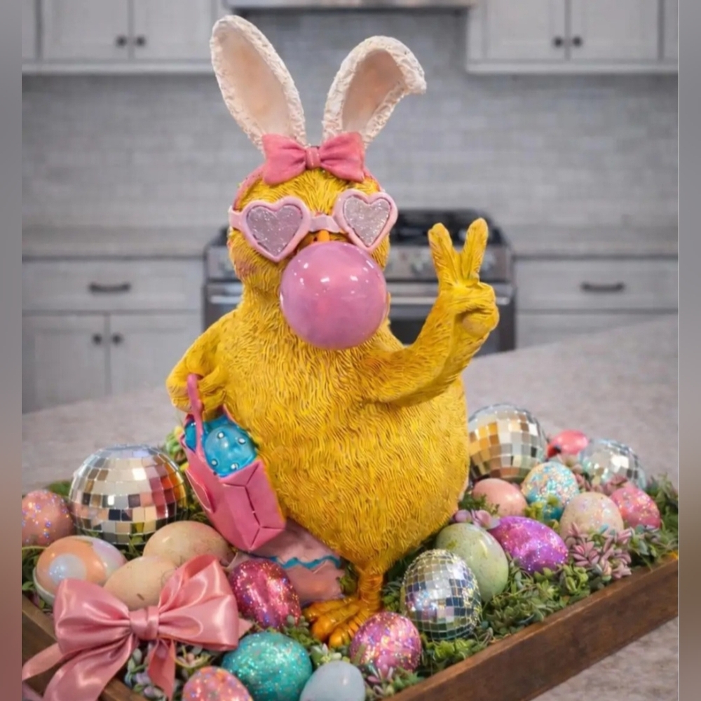 Egg Toating Chick w Easter Bunny Ears Blowing Bubble Peace Sign Figure Decor New